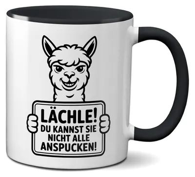 Produktbild von TassenKing Alpaka Tasse mit Spruch „Lächle! Du kannst sie nicht alle anspucken“ Lustige Kaffeetasse 330ml Keramikbecher – Ideale Geschenkidee für Kollegen & Freunde (schwarz)