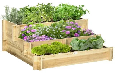 Obrázok produktu pre Vyvýšený záhradný box s 5 priehradkami a 3 úrovňami | Farba: prírodná | Rozmery: 93 x 93 x 35 cm