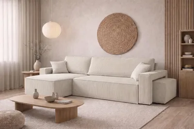 Image de Canapé d'angle Kaiser Möbel avec fonction convertible et pouf, tissu velours Poso, beige, côté gauche, modèle BEST L avec pouf