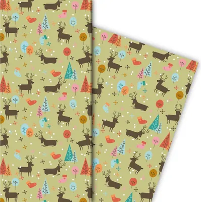 Produktbild von Niedliches Geschenkpapier mit Hirschen im Wald in grün - G6323, 32 x 48cm