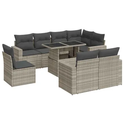 Produktbild von 9-tlg. Garten-Sofagarnitur mit Kissen Hellgrau Poly Rattan