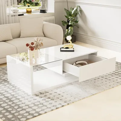 Produktbild von STILVORA Couchtische Hochglanz Satztisch mit LED-Licht,Rechteckiger-Beistelltisch Kaffeetisch mit Schubladen & Glas,Weiß