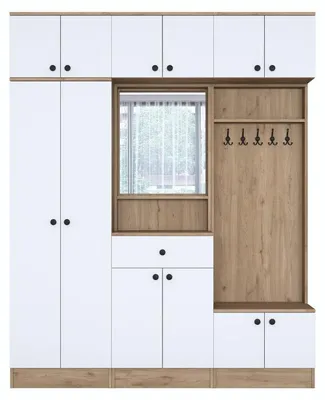 Image de Meuble dentrée Vestiaire en Bois MDF noyer et blanc - L 179,6 × P 37,5 × H 226,4 cm - Style scandinave