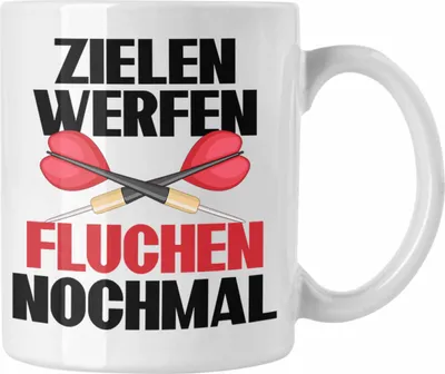 Produktbild von Trendation - Darts Tasse Geschenk Dart-Spieler Geschenkidee Lustiger Spruch Zielen Werfen Fluchen Nochmal (Weiß)