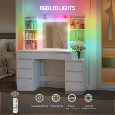 Immagine prodotto di Tavolino da trucco - Specchiera - Postazione per il trucco - Comodino - Illuminazione LED RGB - Larghezza 100 cm