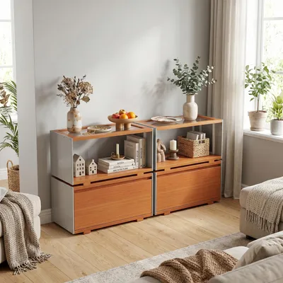 Produktbild von Modulares Möbelsystem 4-teilig, 2 Glaskabinen + 2 Schubladenkommoden, DIY kombinierbar, Teak-Optik mit Glasplatte, für Wohnzimmer, Schlafzimmer, Küche
