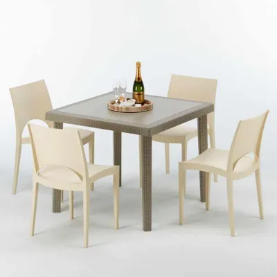 Produktbild von Polyrattan Tisch Quadratisch mit 4 Bunten Stühlen 90x90 Beige Elegance