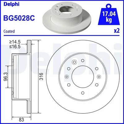 Produktbild von 2x DELPHI Bremsscheibe BG5028C für HYUNDAI H350 Kasten H350 Bus 83mm 316mm