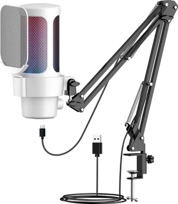Obrázok produktu pre Herný mikrofón USB, počítačová mikrofónna súprava, osvetlenie RGB, kardioidný polárny vzor, nahrávanie, rýchle stlmenie a ovládanie zosilnenia s držiakom na rameno pre hry/stretnutia/živé vysielanie/nahrávanie zvuku/videa, plug & play, kompatibilný s iOS/Android/Windows/MacOS biela