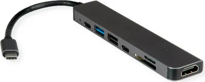 Produktbild von VALUE USB Typ C Dockingstation, HDMI 4K60, 2x USB2.0 (A+C) + 1x USB3.2 Gen1 (A), 1x PD, 1x SD/TF