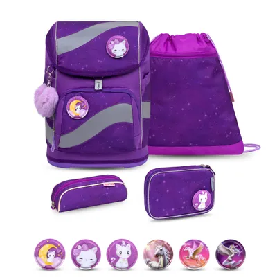 Belmil Smarty ergonomisches Schulranzen Set 5-teilig "Purple Sky" mit Brustgurt, Hüftgurt, Magnetver