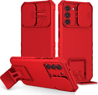 Immagine prodotto di Custodia per Samsung Galaxy S21 FE 5G a doppio strato robusta, protezione militare con supporto e protezione fotocamera scorrevole rossa