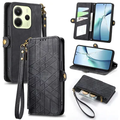 Imagen del producto de Funda tipo libro con cremallera de cuero sintético con diseño geométrico para Xiaomi Redmi Note 14 4G, con correa, color