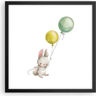 Produktbild von Gerahmtes Poster - Schwarzer Rahmen - Häschen Luftballons Kinder - 40x40 cm - Wand Bild - Wanddeko - Wandbilder - Kunstposter - Wandposter - Bilderrahmen - Bilder - Kunstdruck - P2BAC40x40-4731