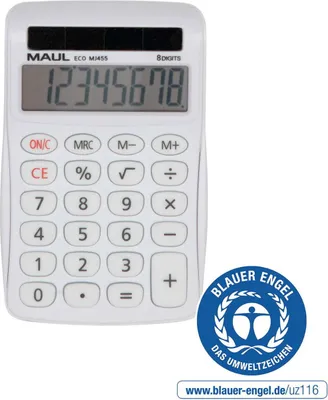 Produktbild von MAUL Tischrechner ECO MJ 455 LCD-Anzeige 1-zeilig, 8 Ziffern Solar 11.2 x 7.1 x 2 cm weiß