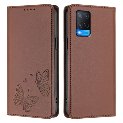 Image de Étui en cuir pour Oppo A54 4G/A54S/A55 5G/A16/A16S/A55s 5G/A53s 5G/A56 5G, motif papillon en relief, étui portefeuille à rabat avec support, marron