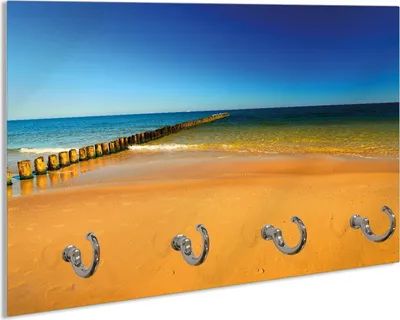 Produktbild von Wallario Handtuchhalter aus Glas, Motiv: Sandstrand in orange - Blaues Meer - Blauer Himmel, 30 x 20 cm mit 4 Haken