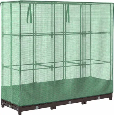 A green greenhouse frame with shelves, placed on a brown base.