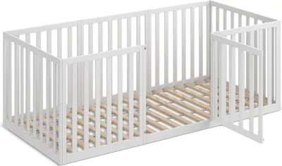 Produktbild von CADANI Teso Kinderbett 90x200 cm – Bodenbett & Laufgitter,  nach EN 12227, Montessori Bett mit Tür & Rausfallschutz, 6 Varianten, Massivholz Kiefer, inkl. Lattenrost