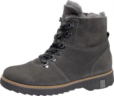 A single gray leather boot with black laces and a thick black sole is shown against a white background.