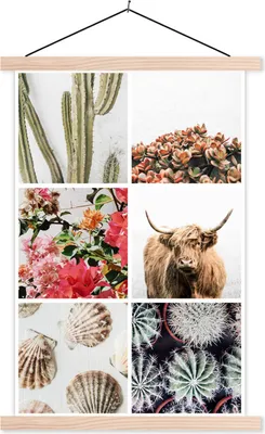 Produktbild von MuchoWow® Textilposter Schottisches Hochlandrind - Collage - Blumen - Kaktus 120x180 cm mit holzfarbenen Rahmen - Textil-Plakat