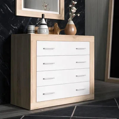 Immagine prodotto di Cassettiera comò 4 cassetti rovere con frontali colore bianco Sara 98x40x82h