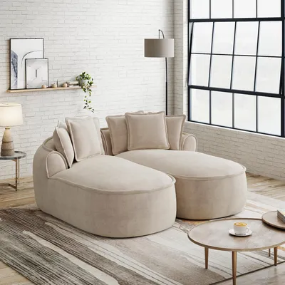 Zdjęcie produktu dla Wygodna dwuosobowa sofa Chenille Cloud, konstrukcja bezramowa, bardzo duża podwójna leżanka, w zestawie poduszki, nie wymaga montażu, do salonu, jasnobrązowa