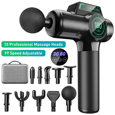 Produktbild von Massagepistole Elektrisch, Deep Tissue Massage Gun für Nacken Schulter Rücken, 99 Geschwindigkeitsstufen, LCD-Display, 10 Massageköpfe, mit Koffer