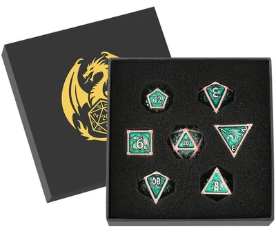 Image de Jeu de 7 dés polyédriques en métal, avec un motif de dragon