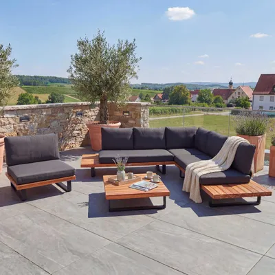 Obrázek produktu pro Zahradní set s křeslem HWC-H54, lounge set pohovka, spun polyakátové dřevo  hliník  hnědá, tmavě šedé čalounění