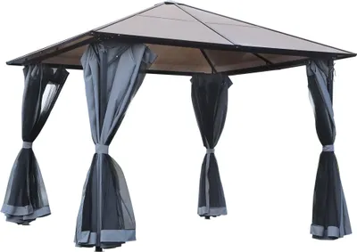 Produktbild von Pavillon mit Polycarbonatdach, Vorhänge mit Fliegennetz, Alugestell, dunkelgrau, 3 x 3 m