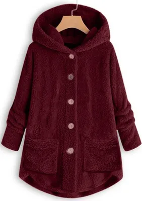 Produktbild von ASKSA Damen Plüschjacke Plüsch Cardigan Dicke Warm Sweatshirt Teddy Jacke Lang Kuschelpullover, Rotwein, 5XL