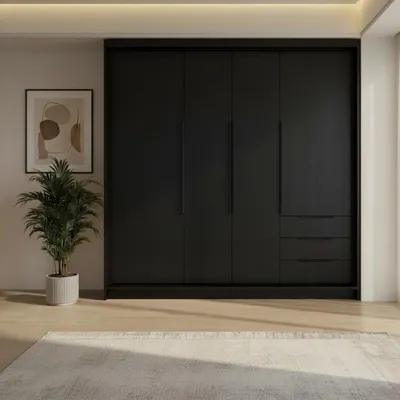 Produktbild von Geräumiger vier-türiger Kleiderschrank KLARI mit Schubladen und Metallgriffen – modernes Design