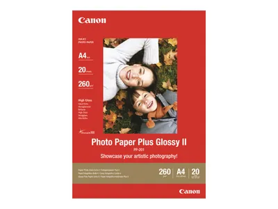 A package of Canon Photo Paper Plus Glossy II with a picture of two smiling people on it.