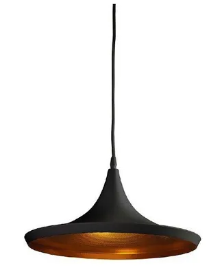 A black pendant lamp with a gold interior, hanging from a black cord.