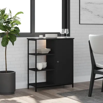 A black sideboard with shelves and a cabinet door, placed in a room with a window and a plant.