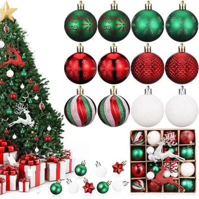 Productafbeelding van Set van 46 onbreekbare plastic kerstballen - Schaduwrijke kerstdecoratie voor in de tuin, met ophangkabel - Geschikt voor binnen- en buitengebruik - Decoratie in groen, rood en wit