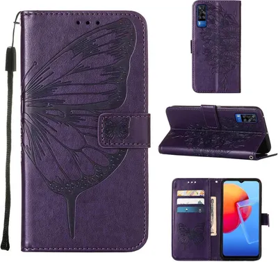 Obrázek produktu pro VIVO Y51 2020 kryt, flipové kožené pouzdro s reliéfem motýla, ochranné pouzdro na karty, kožené pouzdro se stojánkem pro VIVO Y51 2020 / Y31 2021 / Y51A / Y53s 4G) Purple