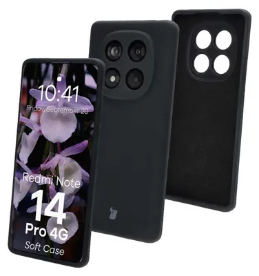 A black soft case for a Xiaomi Redmi Note 14 Pro 4G is displayed alongside the phone itself, and a separate view of the case's interior.