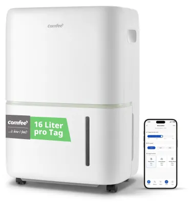 Immagine prodotto di Deumidificatore Comfee, capacità di 16 litri/24 ore, adatto per ambienti di circa 80 m³ (32 m²), controllabile tramite app, modalità smart, timer