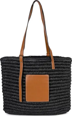 Produktbild von styleBREAKER Korbflecht Schultertasche aus Papierstroh mit Kunstleder Details | Damen Shopper Basttasche geflochten mit Reißverschluss | Strandtasche 43 x 34 x 4 cm