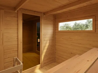Produktbild von KARIBU Gartensauna Terragrau 6 Personen, Saunahaus mit Vorraum, bronzierte Ganzglastür, Fichtenholz, Infrarotkabine, Outdoor Sauna für Garten