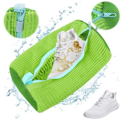 Immagine prodotto di Sacchetto per la pulizia delle scarpe, adatto per lavatrice, in tessuto tipo "chenille", colore verde, confezione singola