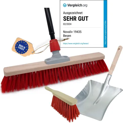 Produktbild von Novaliv Straßenbesen Set 50 cm I Besen Handbesen und Schaufel Teleskopstiel I Elaston rot I  mit Stiel ausziehbar I Industriebesen Kehrbesen Gartenbesen Hofbesen