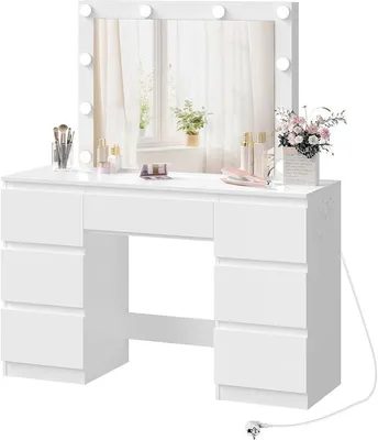 Produktbild von Schminktisch mit Beleuchtung Hollywood und Steckdose, einstellbare Helligkeit, Schminktisch mit Spiegel LED, Kosmetiktisch mit 7 Schubladen, 110x140,5x39,5 cm, für Schlafzimmer, Weiß