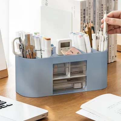 Produktbild von Büro-Organizer mit Schubladen - 7 Fächer und 3 Schubladen - multifunktionale Stiftebox - blauer Büro-Organizer