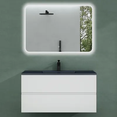 Produktbild von Mai & Mai Badmöbel-Set Waschtisch mit Unterschrank Mineralguss Waschbecken in Anthrazit Waschbeckenunterschrank 100x48x50cm Weiß Matt 2-Schubladen Soft-Close inkl. LED-Spiegel Aqualis