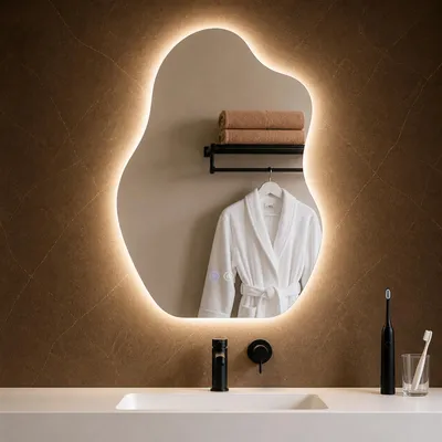 Productafbeelding van ZMH Spiegel, asymmetrische LED-badkamerspiegel, 50x70 cm, wandspiegel, touchschakelaar, ontfoggingfunctie, 3000K en 6500K lichtspiegel, dimbaar
