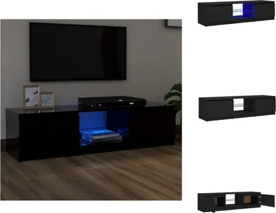 A black TV stand with LED lighting is shown in a room with a TV mounted on the wall.