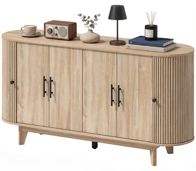 Produktbild von Wohnzimmer-Sideboard, ovales Aufbewahrungsm?bel mit 4 Tš¹ren und 2 verstellbaren Einlegeb?den, 147 x 40 x 76 cm, Eiche
